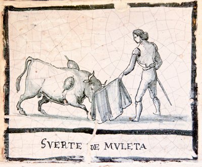 Bullfight scene on an antique tile - The Muleta Stage by Spanish School